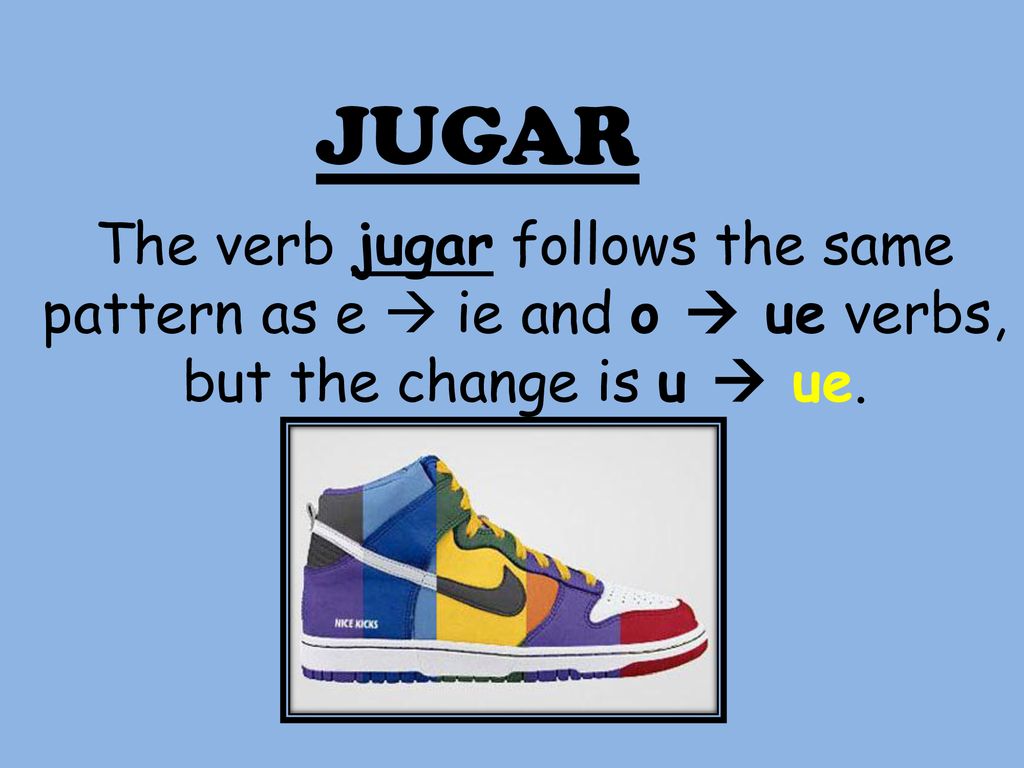 JUGAR The verb jugar follows the same pattern as e  ie and o  ue verbs, but the change is u  ue.