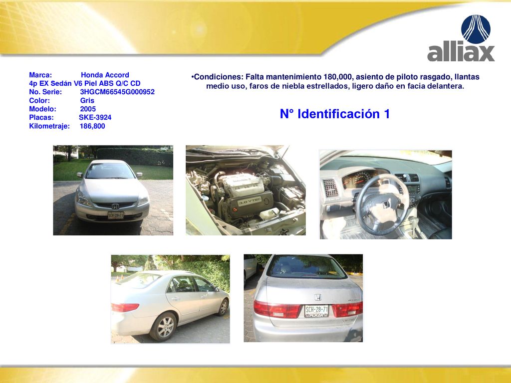 Marca: Honda Accord 4p EX Sedán V6 Piel ABS Q/C CD. No. Serie: 3HGCM66545G Color: Gris.