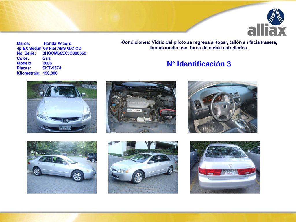Marca: Honda Accord 4p EX Sedán V6 Piel ABS Q/C CD. No. Serie: 3HGCM665X5G Color: Gris.