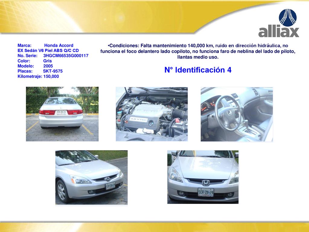 Marca: Honda Accord EX Sedán V6 Piel ABS Q/C CD. No. Serie: 3HGCM66535G Color: Gris.