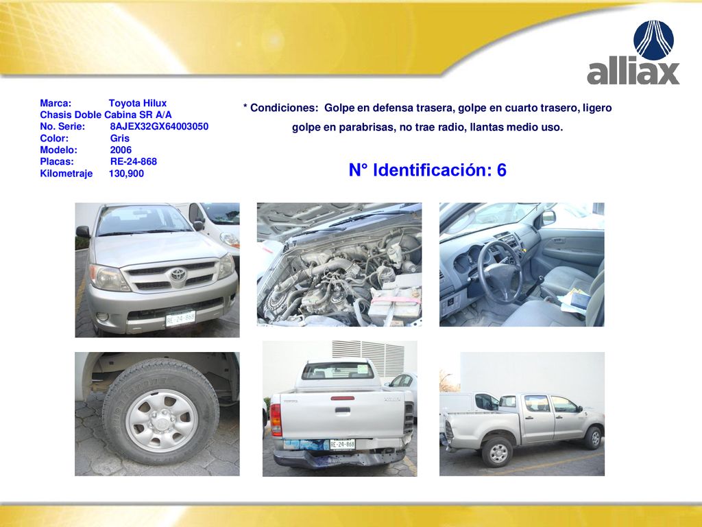 Marca: Toyota Hilux Chasis Doble Cabina SR A/A. No. Serie: 8AJEX32GX Color: Gris.