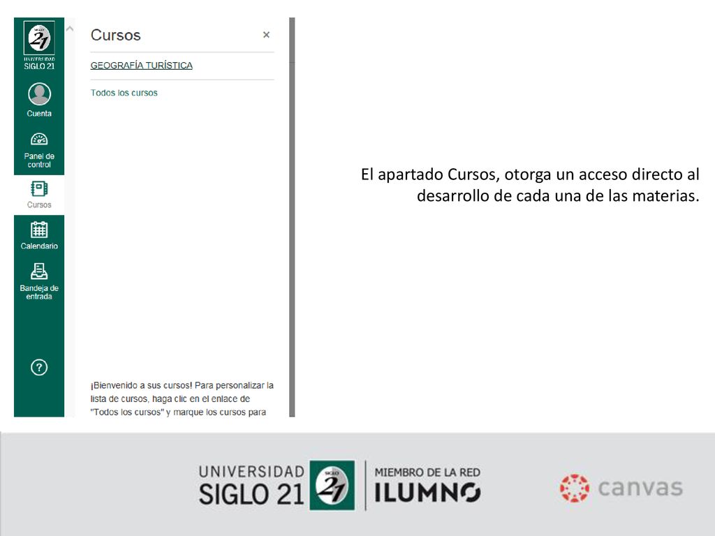 El apartado Cursos, otorga un acceso directo al desarrollo de cada una de las materias.