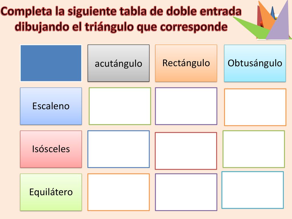 Completa la siguiente tabla de doble entrada dibujando el triángulo que corresponde
