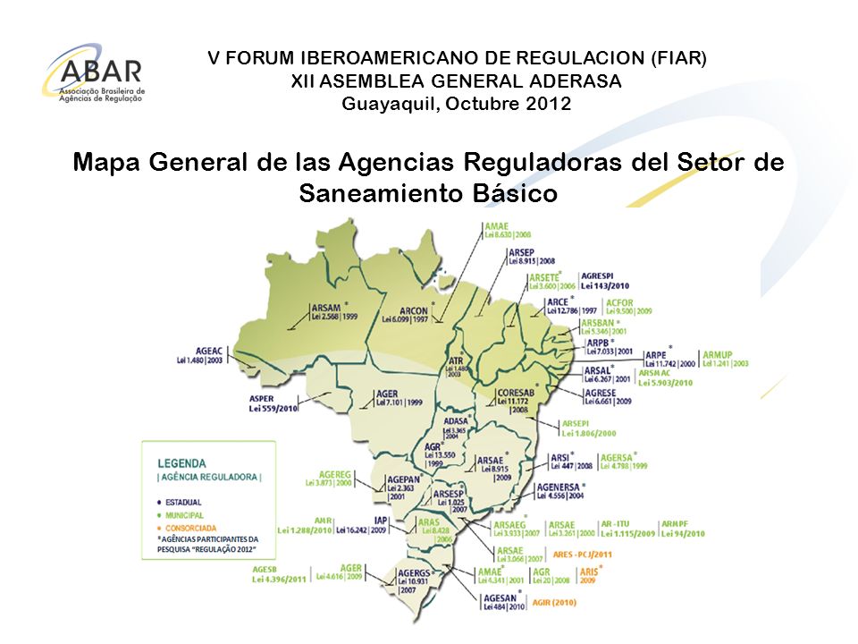 V FORUM IBEROAMERICANO DE REGULACION (FIAR) XII ASEMBLEA GENERAL ADERASA Guayaquil, Octubre 2012