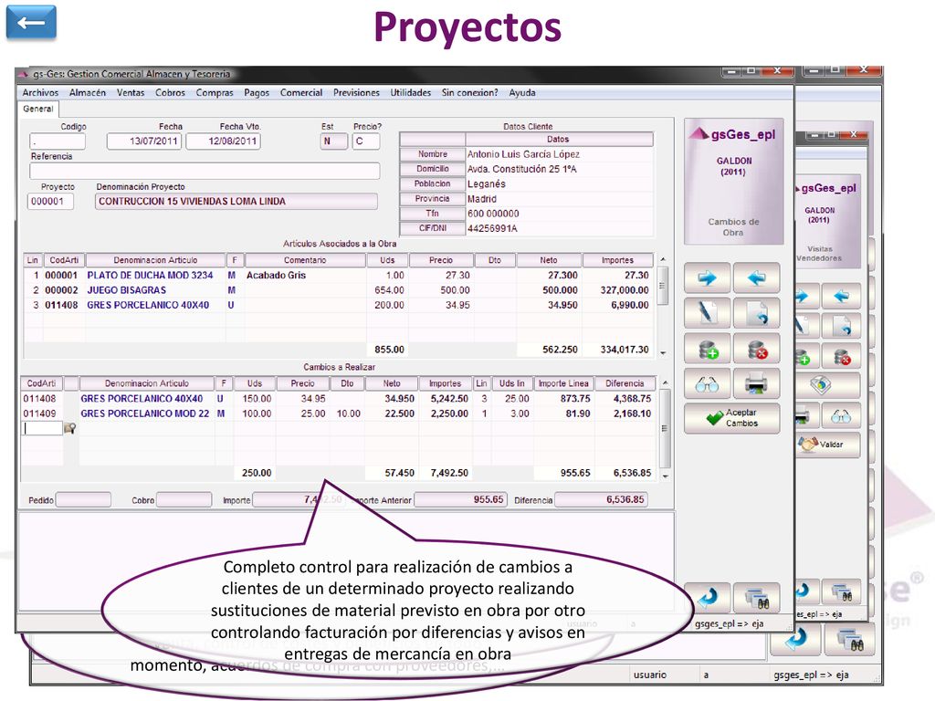 ← Proyectos. Registro de las visitas realizadas según planificación a los proyectos en curso por parte de los comerciales de la empres.