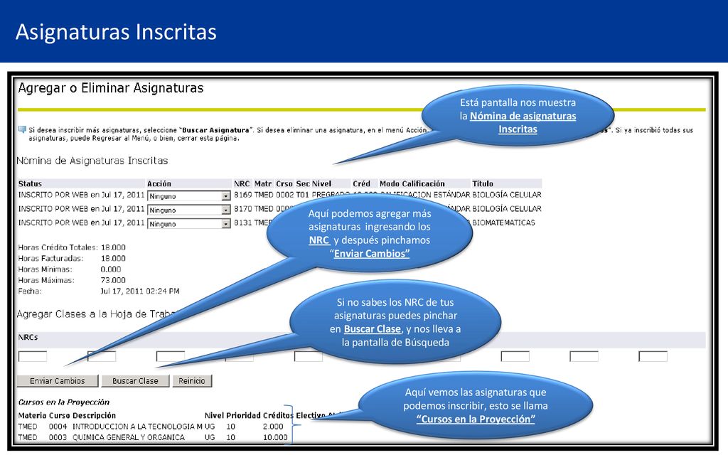 Está pantalla nos muestra la Nómina de asignaturas Inscritas