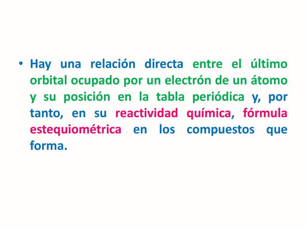 Hay una relación directa entre el último orbital ocupado por un electrón de un átomo y su posición en la tabla periódica y, por tanto, en su reactividad química, fórmula estequiométrica en los compuestos que forma.
