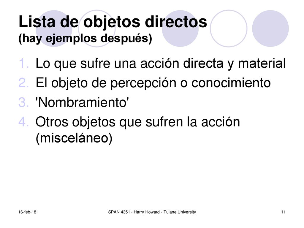 Lista de objetos directos (hay ejemplos después)