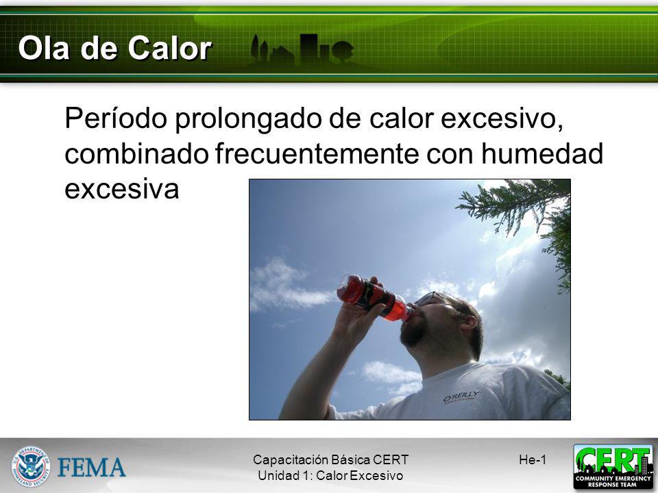 Ola de Calor Período prolongado de calor excesivo, combinado frecuentemente con humedad excesiva. Capacitación Básica CERT.