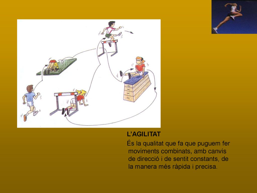 L’AGILITAT És la qualitat que fa que puguem fer moviments combinats, amb canvis de direcció i de sentit constants, de la manera més ràpida i precisa.