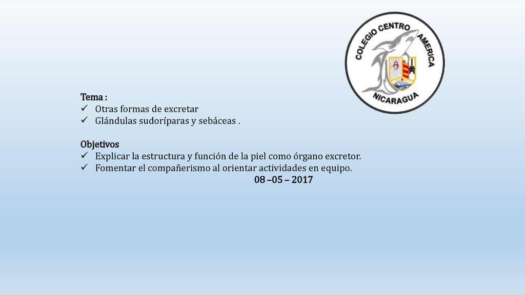 Tema : Otras formas de excretar. Glándulas sudoríparas y sebáceas . Objetivos. Explicar la estructura y función de la piel como órgano excretor.