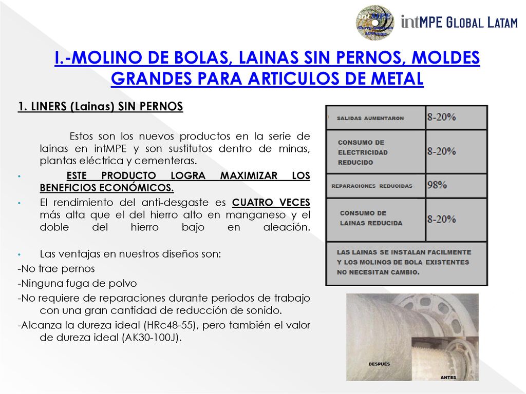 I.-MOLINO DE BOLAS, LAINAS SIN PERNOS, MOLDES GRANDES PARA ARTICULOS DE METAL