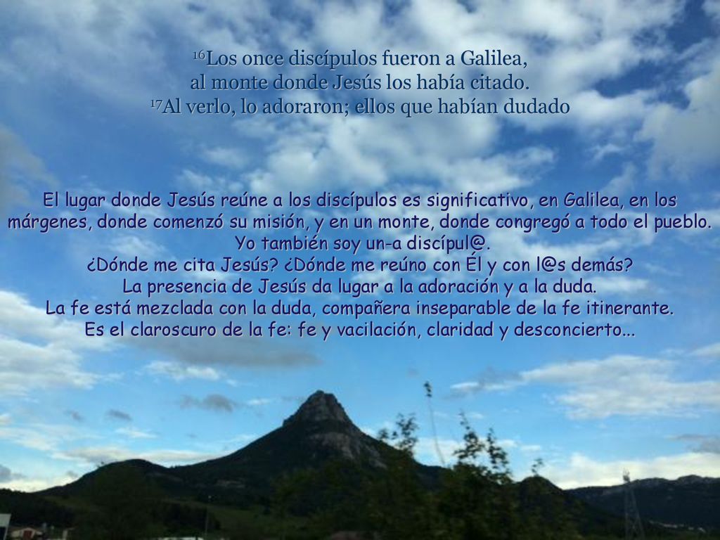 16Los once discípulos fueron a Galilea, al monte donde Jesús los había citado. 17Al verlo, lo adoraron; ellos que habían dudado