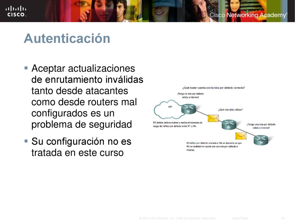 Autenticación Aceptar actualizaciones de enrutamiento inválidas tanto desde atacantes como desde routers mal configurados es un problema de seguridad.