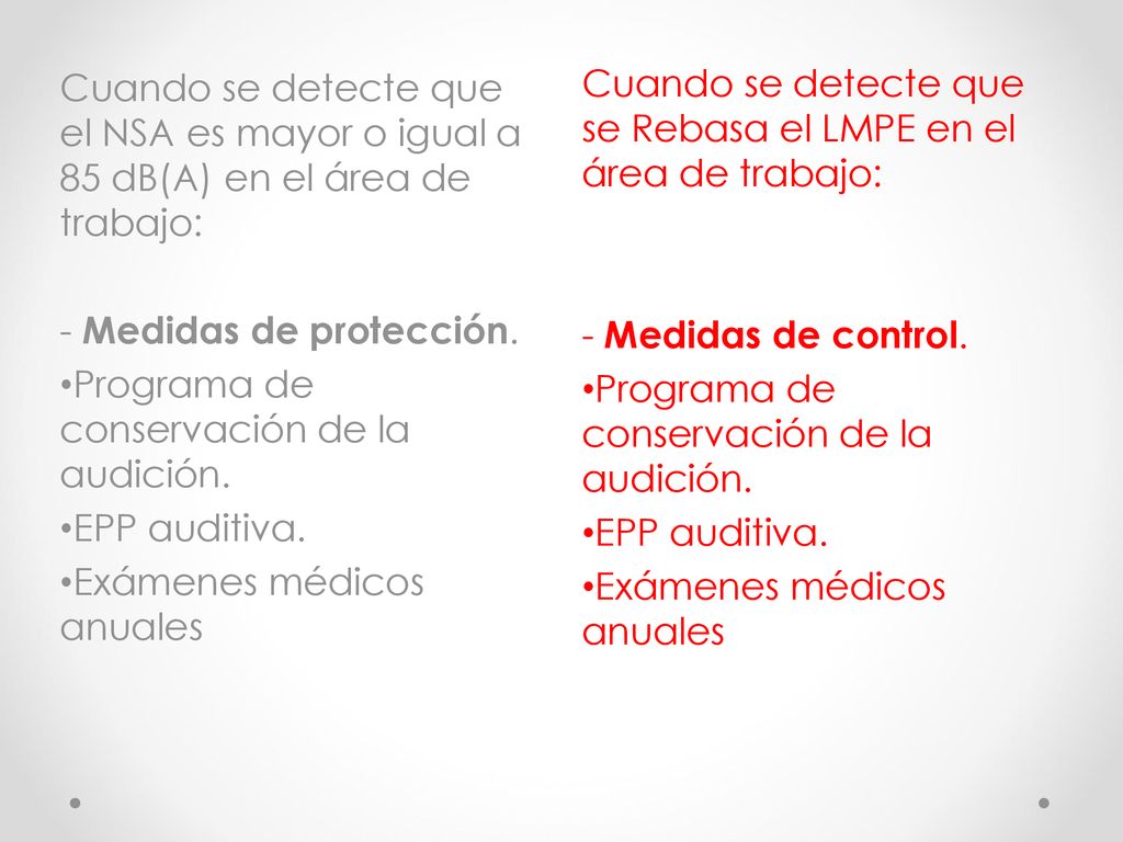 Cuando se detecte que el NSA es mayor o igual a 85 dB(A) en el área de trabajo: