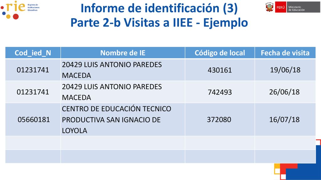 Informe de identificación (3) Parte 2-b Visitas a IIEE - Ejemplo