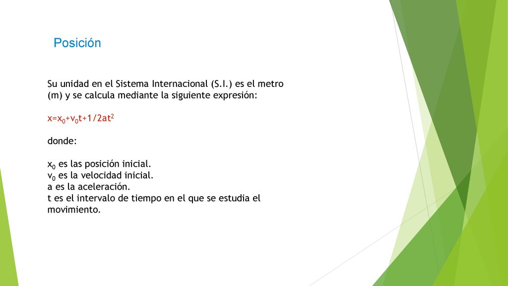 Posición Su unidad en el Sistema Internacional (S.I.) es el metro (m) y se calcula mediante la siguiente expresión: