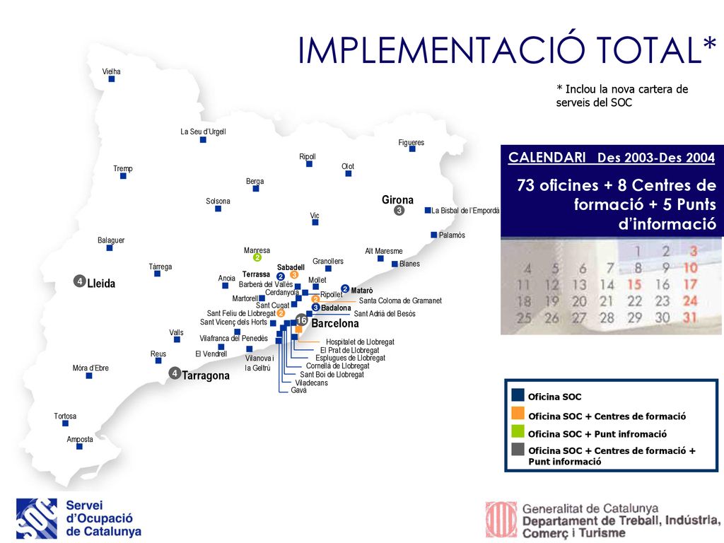 IMPLEMENTACIÓ TOTAL* Balaguer. Lleida. 4. La Seu d’Urgell. Solsona. Tàrrega. Tremp. Vielha. * Inclou la nova cartera de serveis del SOC.