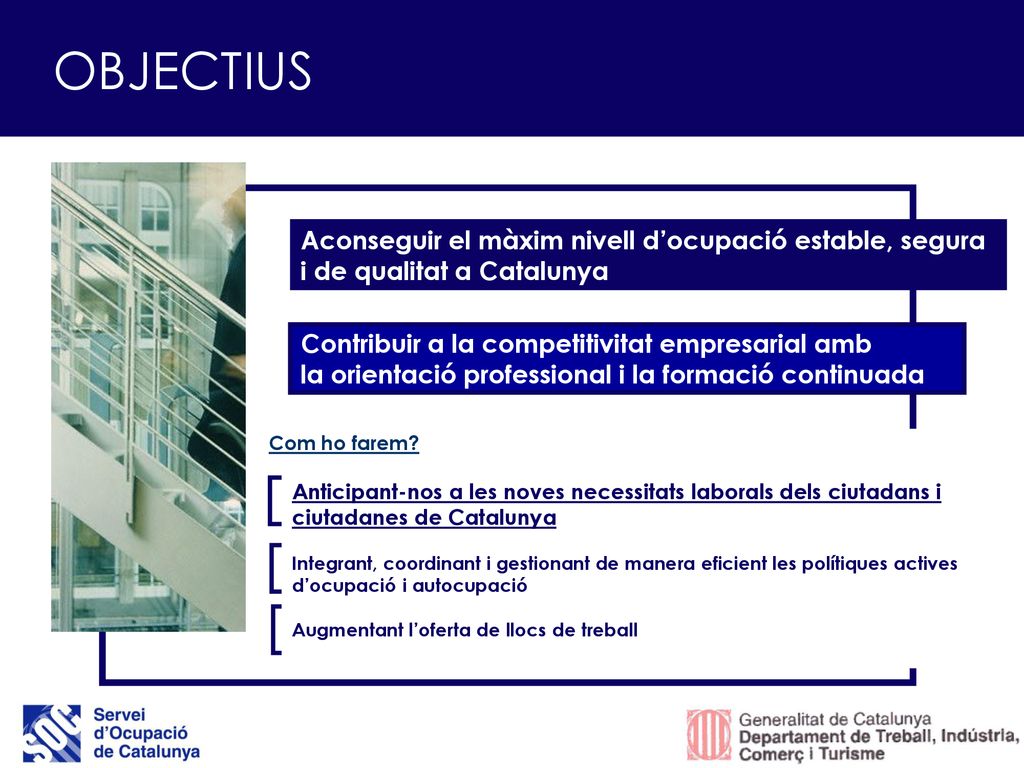 OBJECTIUS Aconseguir el màxim nivell d’ocupació estable, segura i de qualitat a Catalunya.