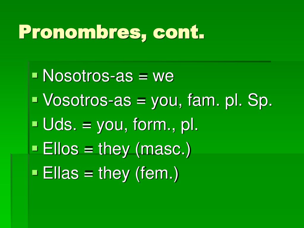 Pronombres, cont. Nosotros-as = we Vosotros-as = you, fam. pl. Sp.
