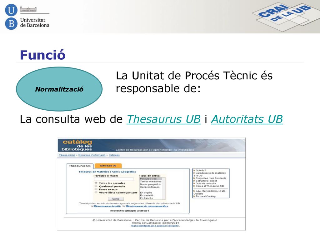 Funció Serveis La Unitat de Procés Tècnic és responsable de: