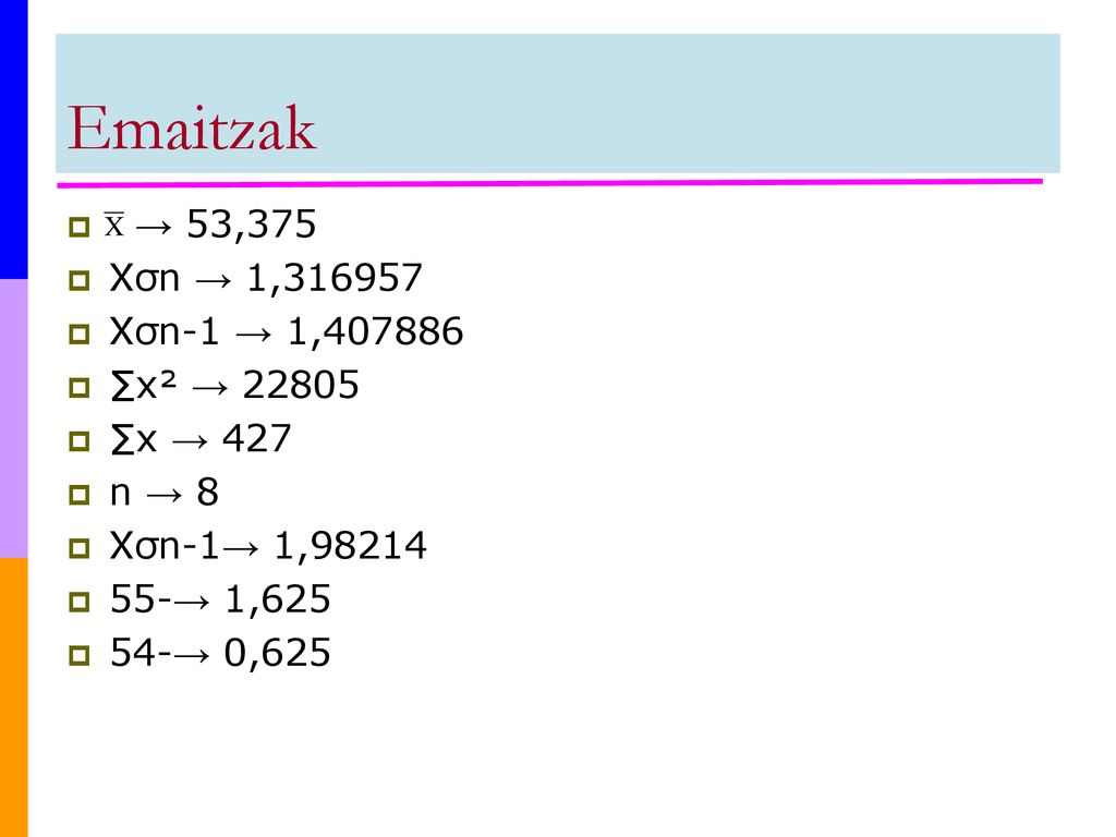 Emaitzak → 53,375 Xσn → 1, Xσn-1 → 1, ∑x² → ∑x → 427