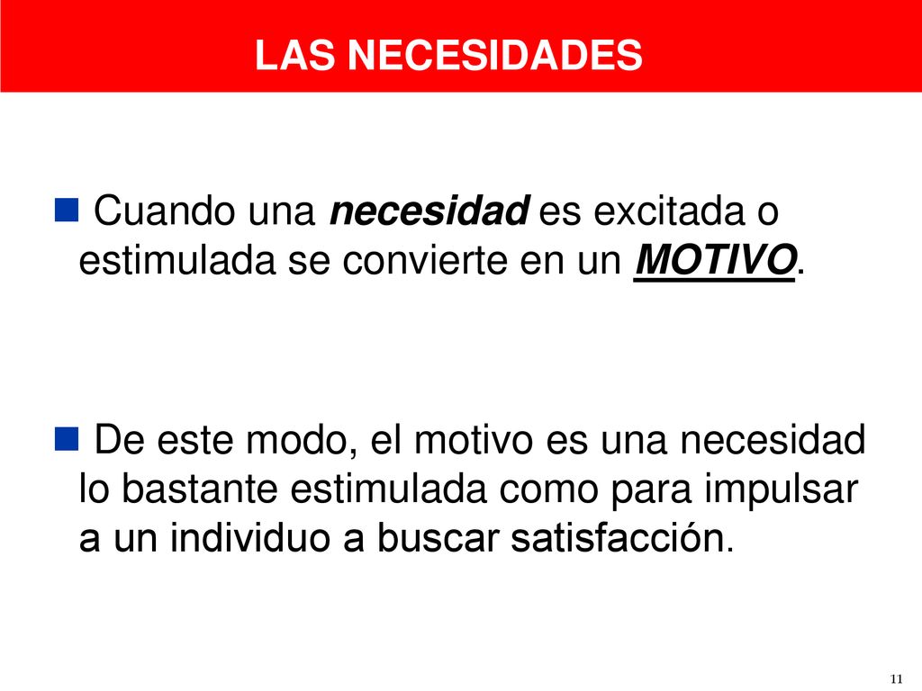 LAS NECESIDADES Cuando una necesidad es excitada o estimulada se convierte en un MOTIVO.