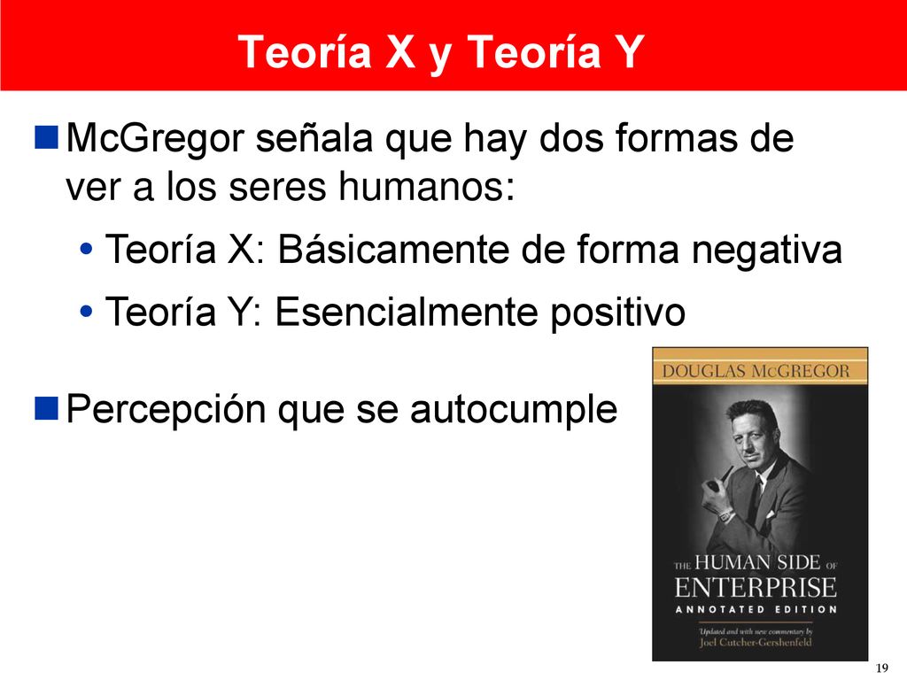 Teoría X y Teoría Y McGregor señala que hay dos formas de ver a los seres humanos: Teoría X: Básicamente de forma negativa.