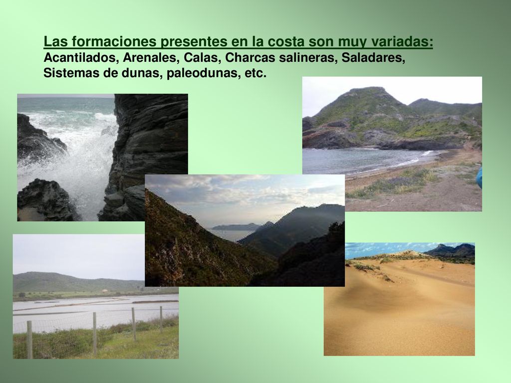 Las formaciones presentes en la costa son muy variadas: Acantilados, Arenales, Calas, Charcas salineras, Saladares,
