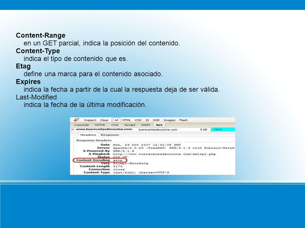 Content-Range en un GET parcial, indica la posición del contenido. Content-Type. indica el tipo de contenido que es.