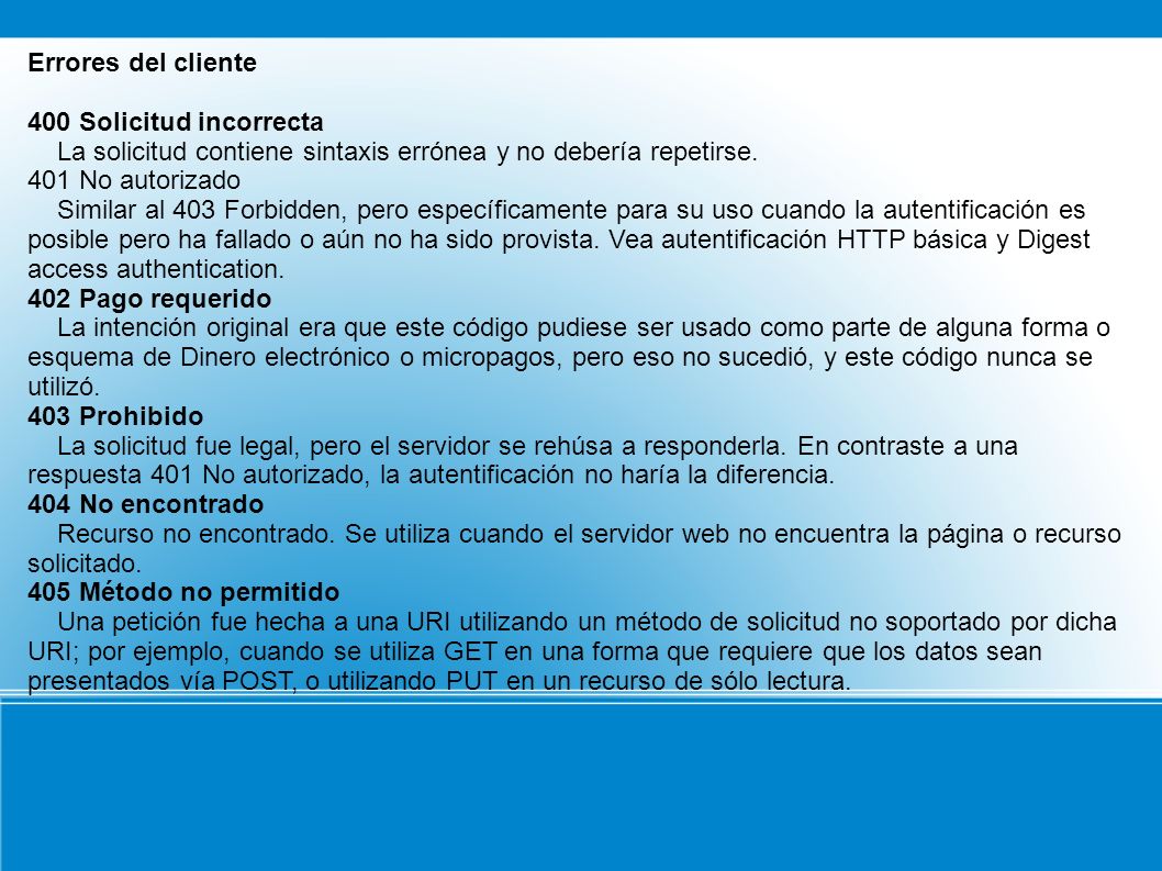 Errores del cliente 400 Solicitud incorrecta. La solicitud contiene sintaxis errónea y no debería repetirse.