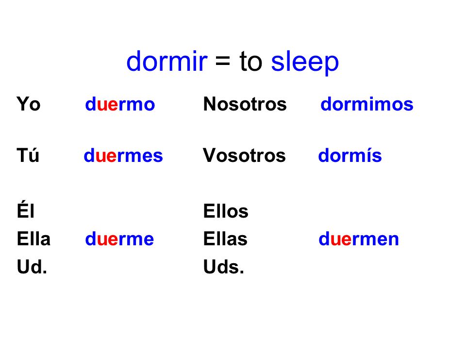 dormir = to sleep Yo duermo Nosotros dormimos