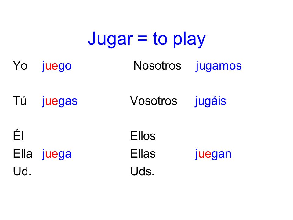 Jugar = to play Yo juego Nosotros jugamos Tú juegas Vosotros jugáis