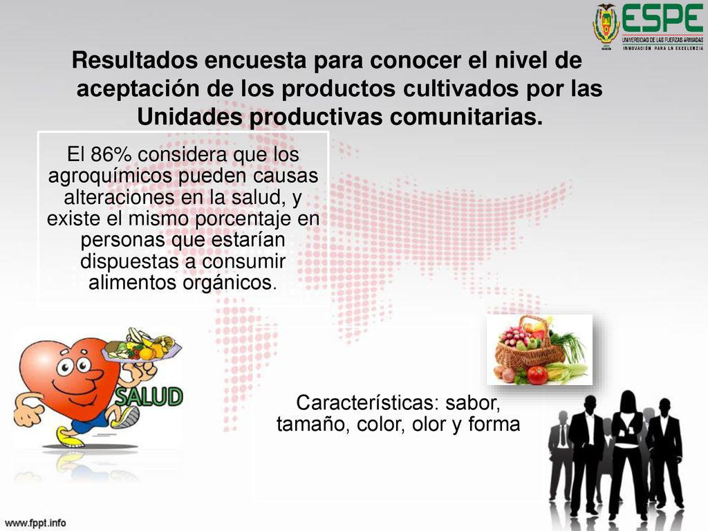 Características: sabor, tamaño, color, olor y forma