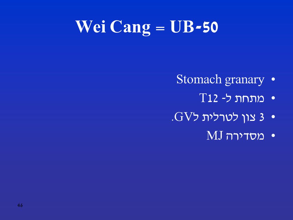 UB-50 = Wei Cang Stomach granary מתחת ל- T12 3 צון לטרלית לGV.