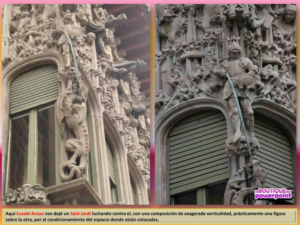 Aquí Eusebi Arnau nos dejó un Sant Jordi luchando contra el, con una composición de exagerada verticalidad, prácticamente una figura sobre la otra, por el condicionamiento del espacio donde están colocadas.