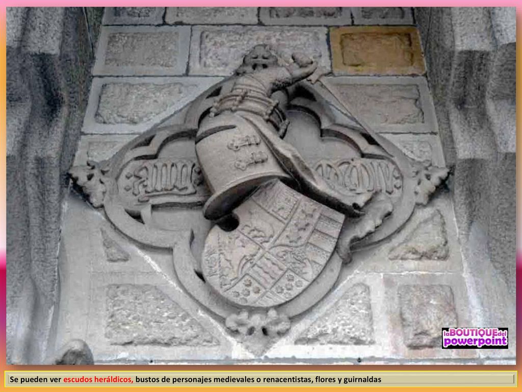 Se pueden ver escudos heráldicos, bustos de personajes medievales o renacentistas, flores y guirnaldas