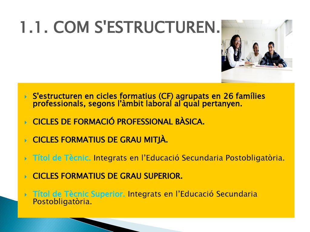 1.1. COM S ESTRUCTUREN. S estructuren en cicles formatius (CF) agrupats en 26 famílies professionals, segons l àmbit laboral al qual pertanyen.