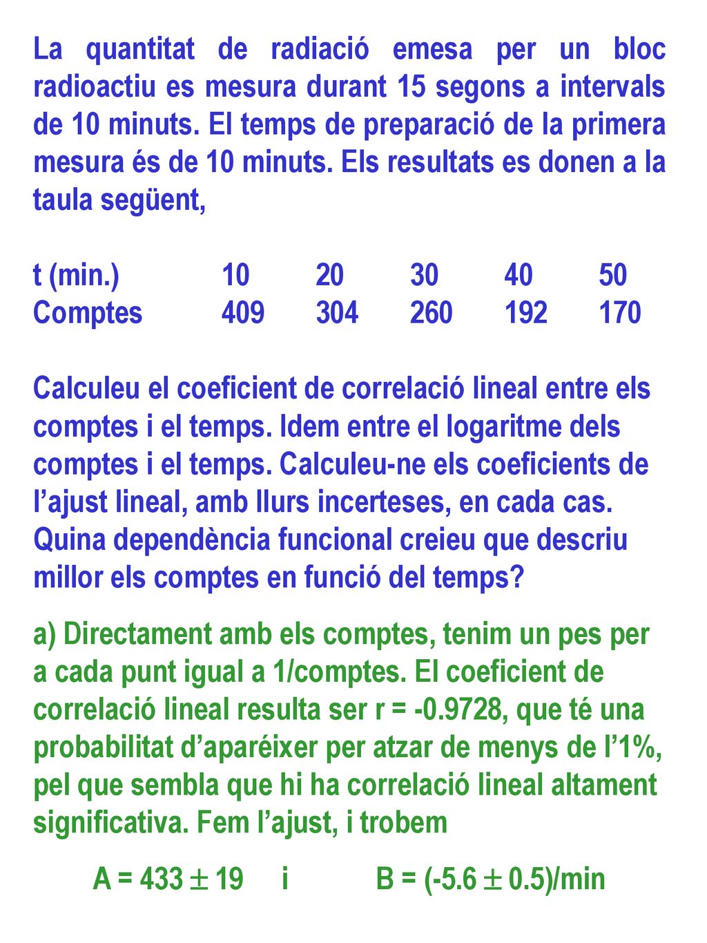 La quantitat de radiació emesa per un bloc radioactiu es mesura durant 15 segons a intervals de 10 minuts. El temps de preparació de la primera mesura és de 10 minuts. Els resultats es donen a la taula següent,