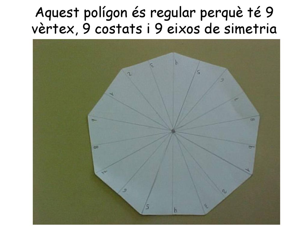 Aquest polígon és regular perquè té 9 vèrtex, 9 costats i 9 eixos de simetria
