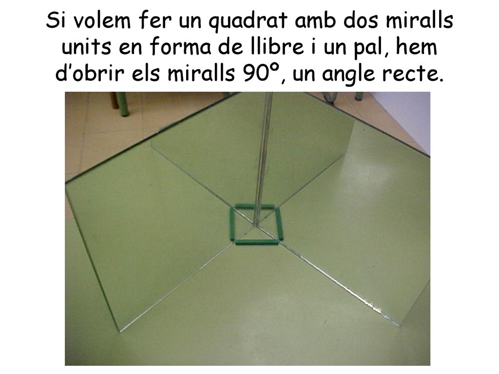 Si volem fer un quadrat amb dos miralls units en forma de llibre i un pal, hem d’obrir els miralls 90º, un angle recte.