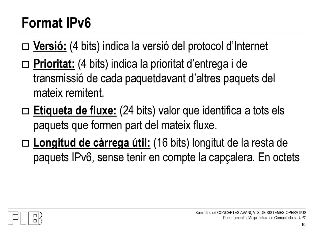 Format IPv6 Versió: (4 bits) indica la versió del protocol d’Internet