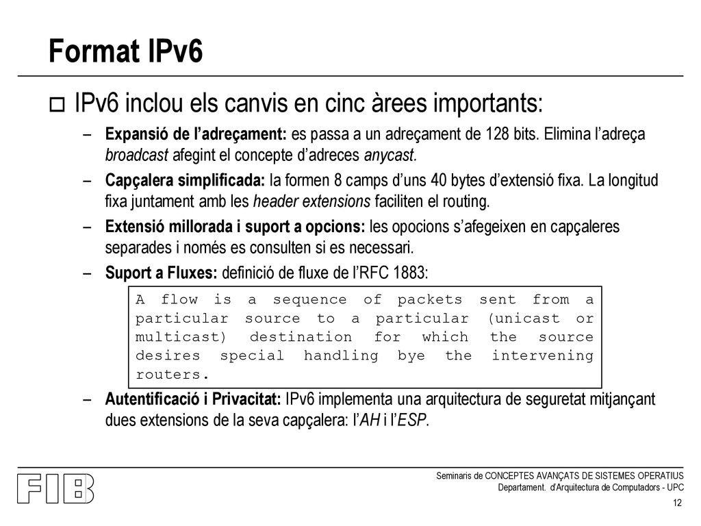 Format IPv6 IPv6 inclou els canvis en cinc àrees importants: