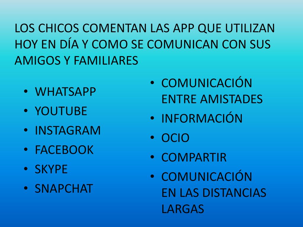 LOS CHICOS COMENTAN LAS APP QUE UTILIZAN HOY EN DÍA Y COMO SE COMUNICAN CON SUS AMIGOS Y FAMILIARES