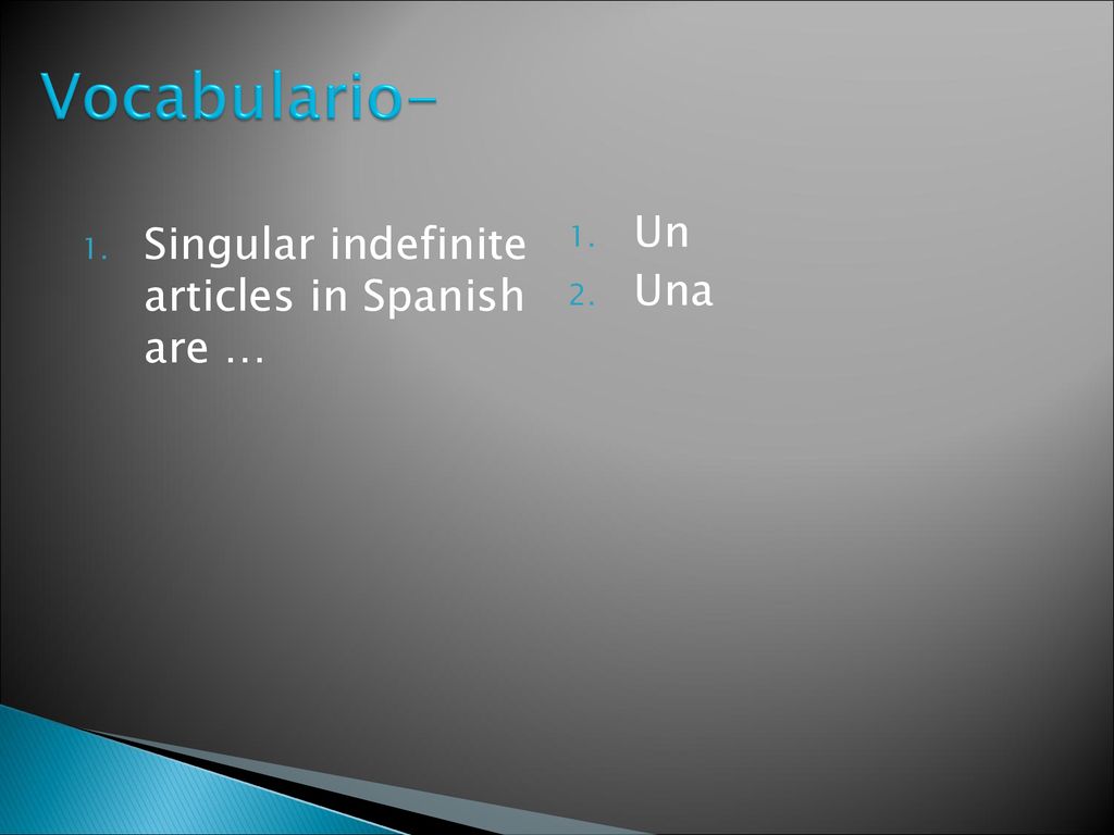 Vocabulario- Un Una Singular indefinite articles in Spanish are …