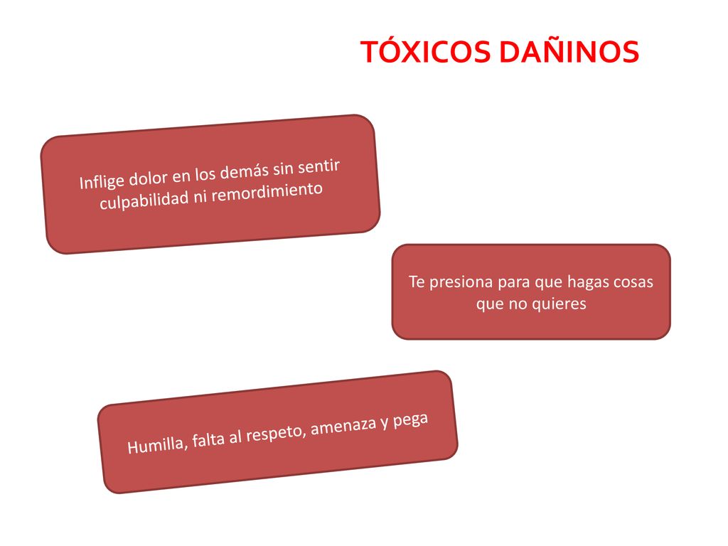 TÓXICOS DAÑINOS Inflige dolor en los demás sin sentir culpabilidad ni remordimiento. Te presiona para que hagas cosas que no quieres.