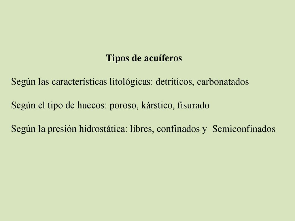 Tipos de acuíferos Según las características litológicas: detríticos, carbonatados. Según el tipo de huecos: poroso, kárstico, fisurado.