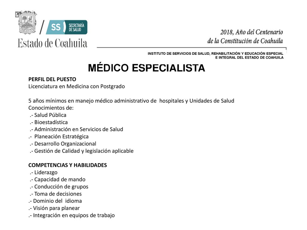 MÉDICO ESPECIALISTA PERFIL DEL PUESTO