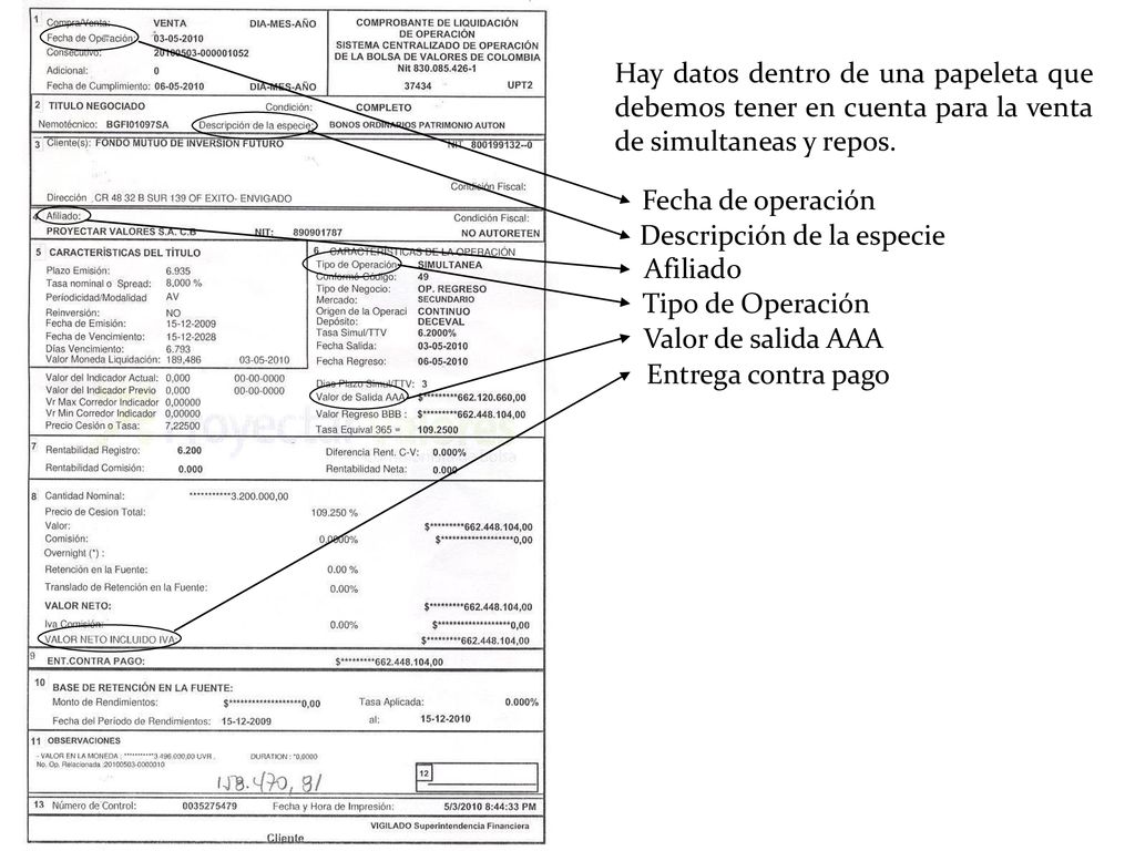 Hay datos dentro de una papeleta que debemos tener en cuenta para la venta de simultaneas y repos.