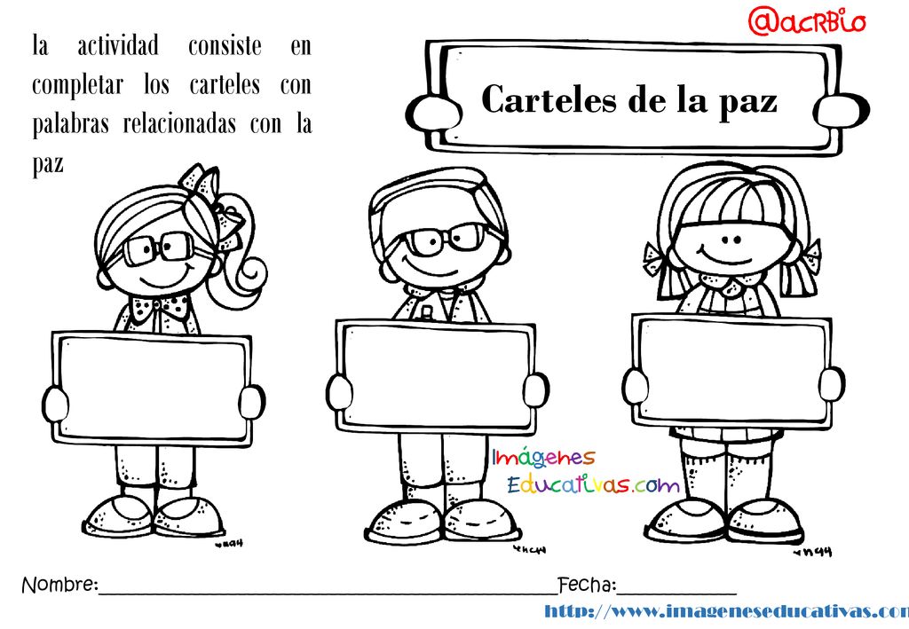 la actividad consiste en completar los carteles con palabras relacionadas con la paz